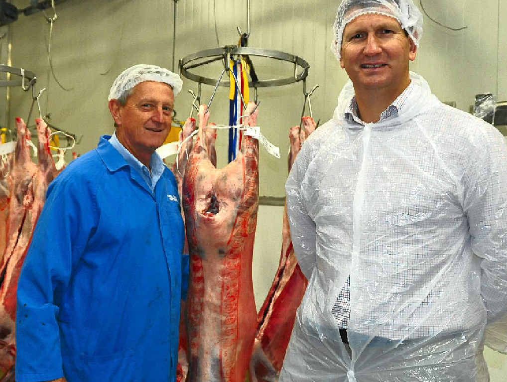 Lawrence Springborg (right), pictured with judge Greg Carey, took out the champion pen of three in the Warwick Show and Rodeo Society prime lamb hook competition. Lawrence Springborg (right), pictured with judge Greg Carey, took out the champion pen of three in the Warwick Show and Rodeo Society prime lamb hook competition.
